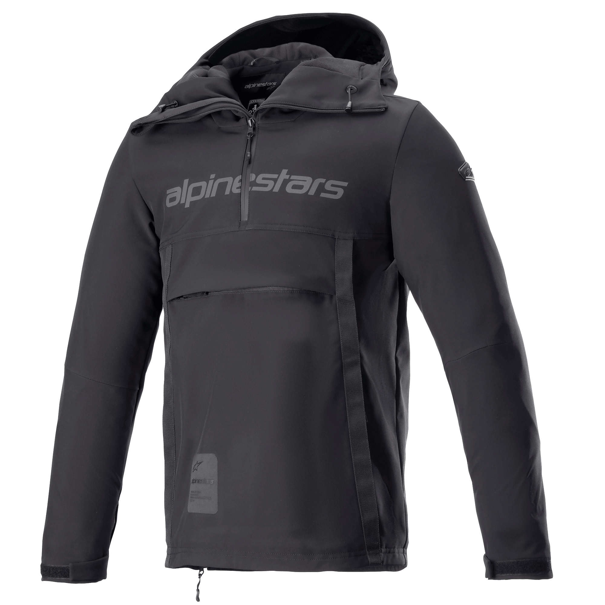 Alpinestars Sherpa Hoodie, casaco anoraque de motociclismo em Black Reflex, fecho de meio zíper com logótipo no peito, bolso frontal grande com fecho, tecido softshell técnico, design urbano desportivo