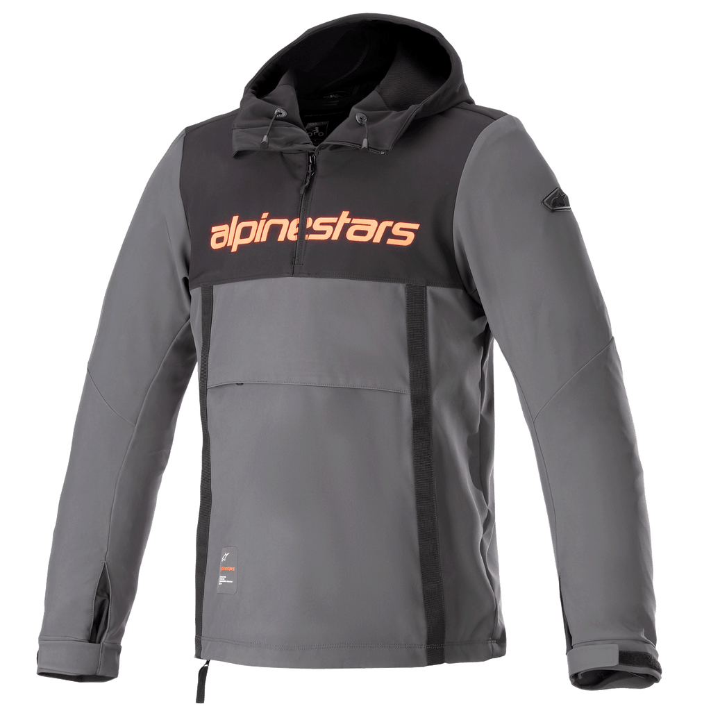 Alpinestars Sherpa Hoodie, Technical Urban Motorcycle Jacket, Gray with Black Chest Panel and Orange Logo, Anorak Style with Front Pouch and Adjustable Cuffs, Windproof Softshell Design