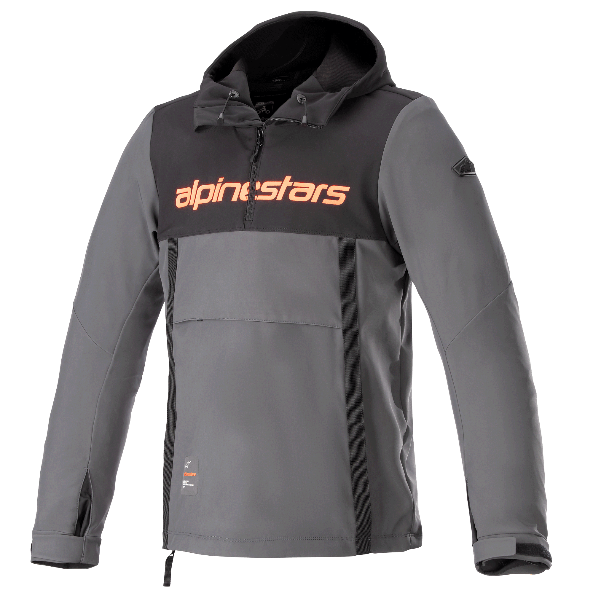 Alpinestars Sherpa Hoodie, Technical Urban Motorcycle Jacket, Gray with Black Chest Panel and Orange Logo, Anorak Style with Front Pouch and Adjustable Cuffs, Windproof Softshell Design