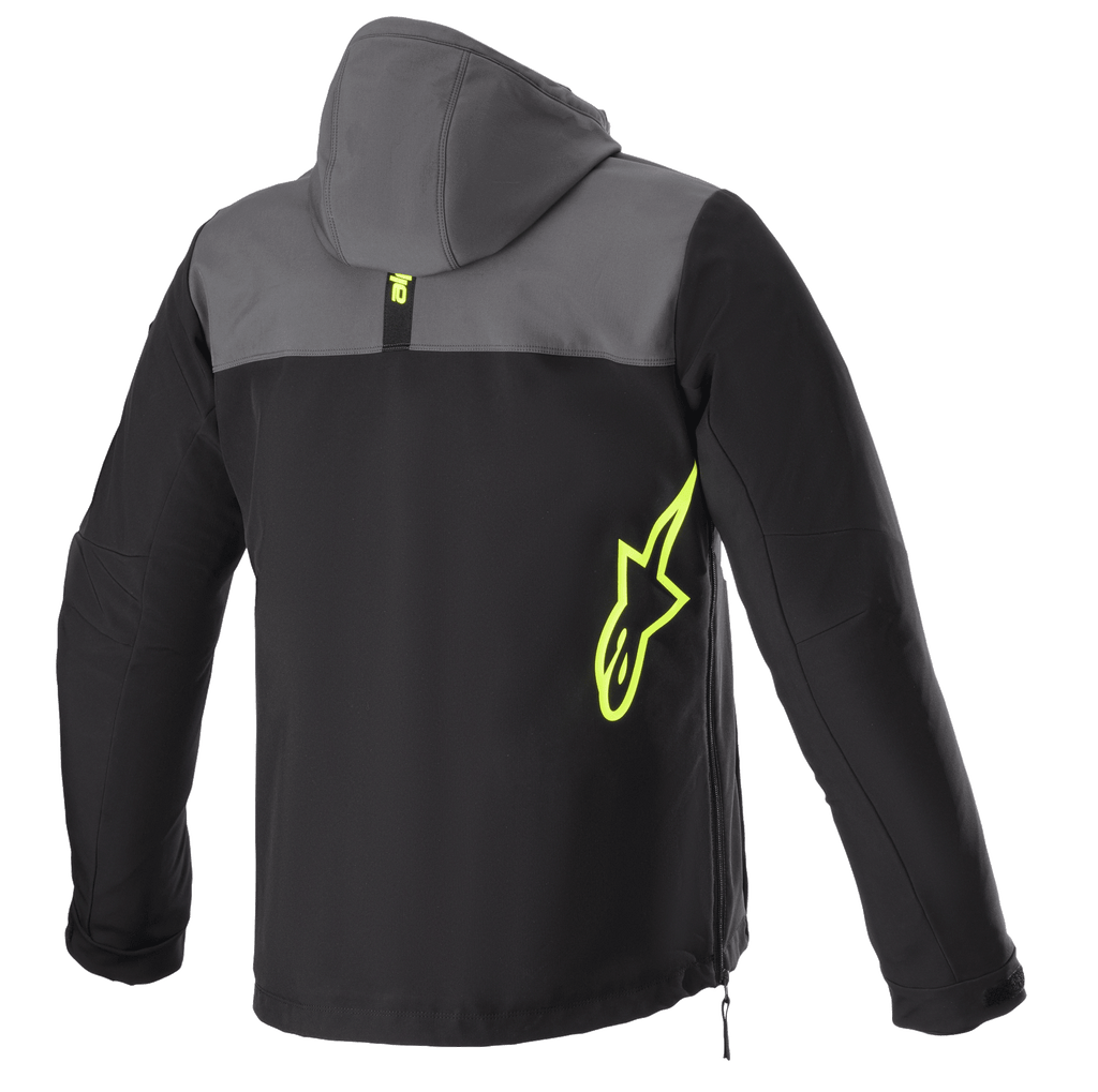Alpinestars Sherpa Hoodie, vista traseira, cinzento e preto com detalhes em amarelo fluorescente, logótipo de estrela amarelo néon na lateral, casaco de motociclismo em softshell com capuz, detalhe de fecho lateral, vestuário para deslocações urbanas