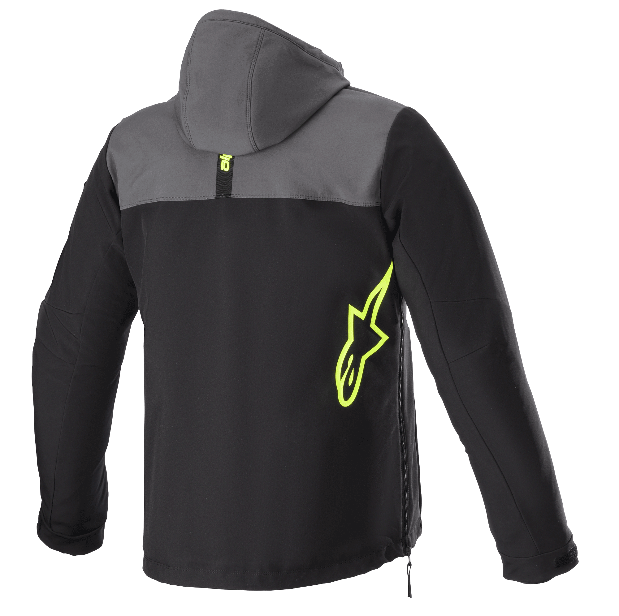 Alpinestars Sherpa Hoodie, vista traseira, cinzento e preto com detalhes em amarelo fluorescente, logótipo de estrela amarelo néon na lateral, casaco de motociclismo em softshell com capuz, detalhe de fecho lateral, vestuário para deslocações urbanas