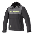 Alpinestars Sherpa Hoodie, camisola técnica com capuz para motociclismo, cinzento e preto, logótipo amarelo néon no peito, estilo anoraque com fecho parcial, casaco softshell para condução urbana