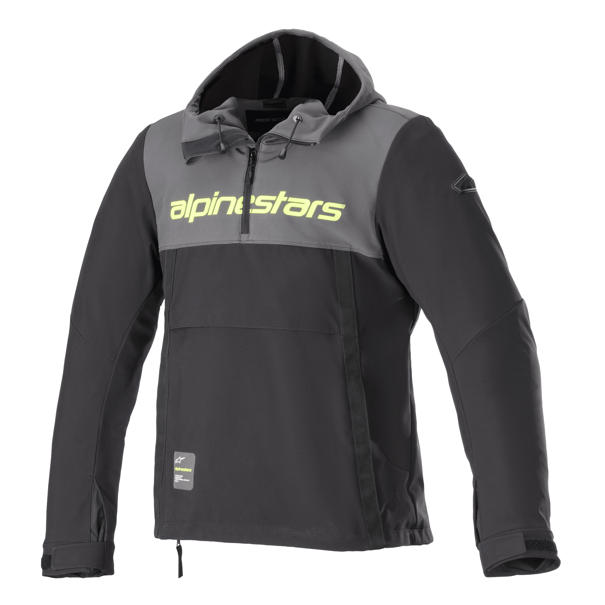 Alpinestars Sherpa Hoodie, camisola técnica com capuz para motociclismo, cinzento e preto, logótipo amarelo néon no peito, estilo anoraque com fecho parcial, casaco softshell para condução urbana
