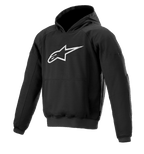 Alpinestars Ageless Hoodie, hoodie para motociclismo urbano, preto com logótipo de estrela branco, estilo pullover com bolso canguru, punhos e bainha canelados, design casual inspirado no desporto motorizado
