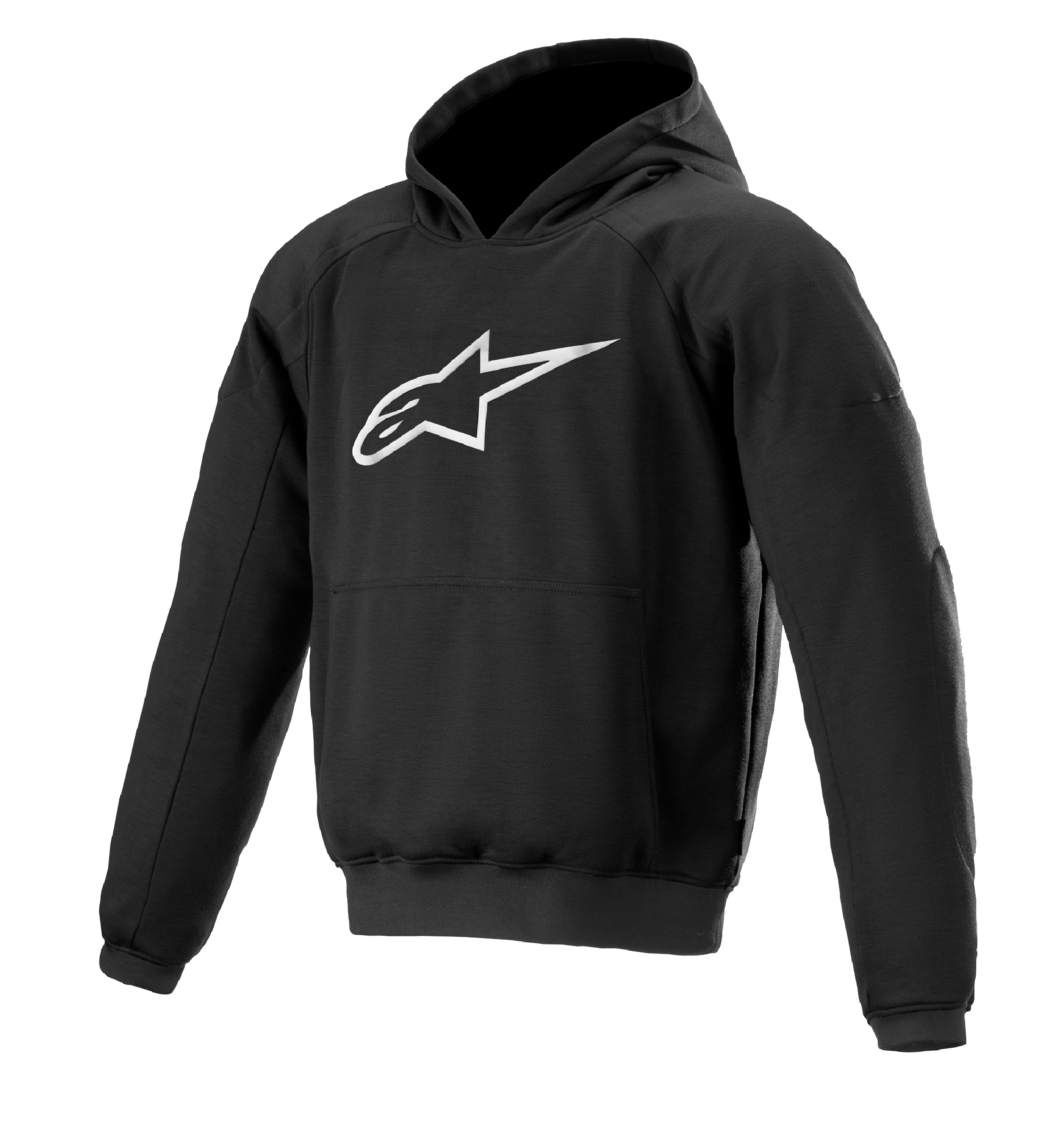 Alpinestars Ageless Hoodie, hoodie para motociclismo urbano, preto com logótipo de estrela branco, estilo pullover com bolso canguru, punhos e bainha canelados, design casual inspirado no desporto motorizado