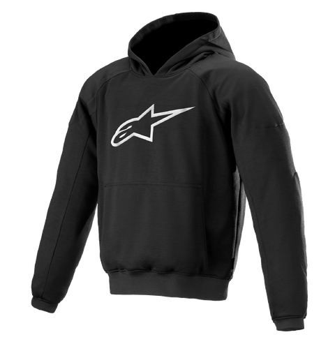 Alpinestars Ageless Hoodie, hoodie para motociclismo urbano, preto com logótipo de estrela branco, estilo pullover com bolso canguru, punhos e bainha canelados, design casual inspirado no desporto motorizado