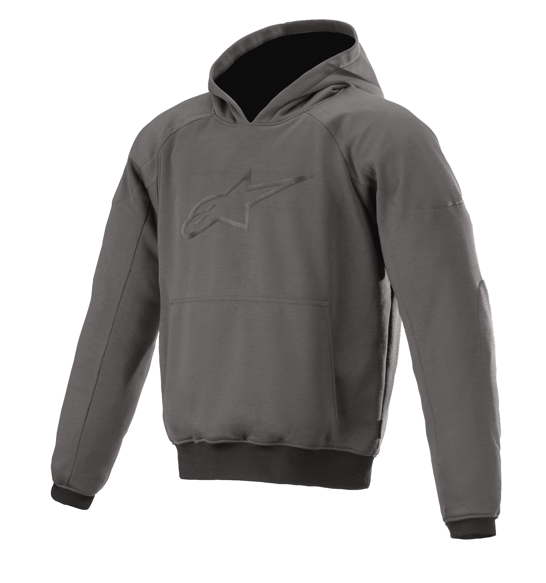 Alpinestars Ageless Hoodie, hoodie de motociclismo urbano, cinzento Asphalt Melange com punhos pretos, logótipo de estrela em relevo no peito, bolso frontal canguru, equipamento de proteção casual para motociclismo