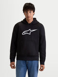 Alpinestars Ageless Hoodie, casaco com capuz de moto urbano para homem em preto com logótipo branco no peito, bolso canguru frontal e construção em tecido casual, vista frontal num modelo