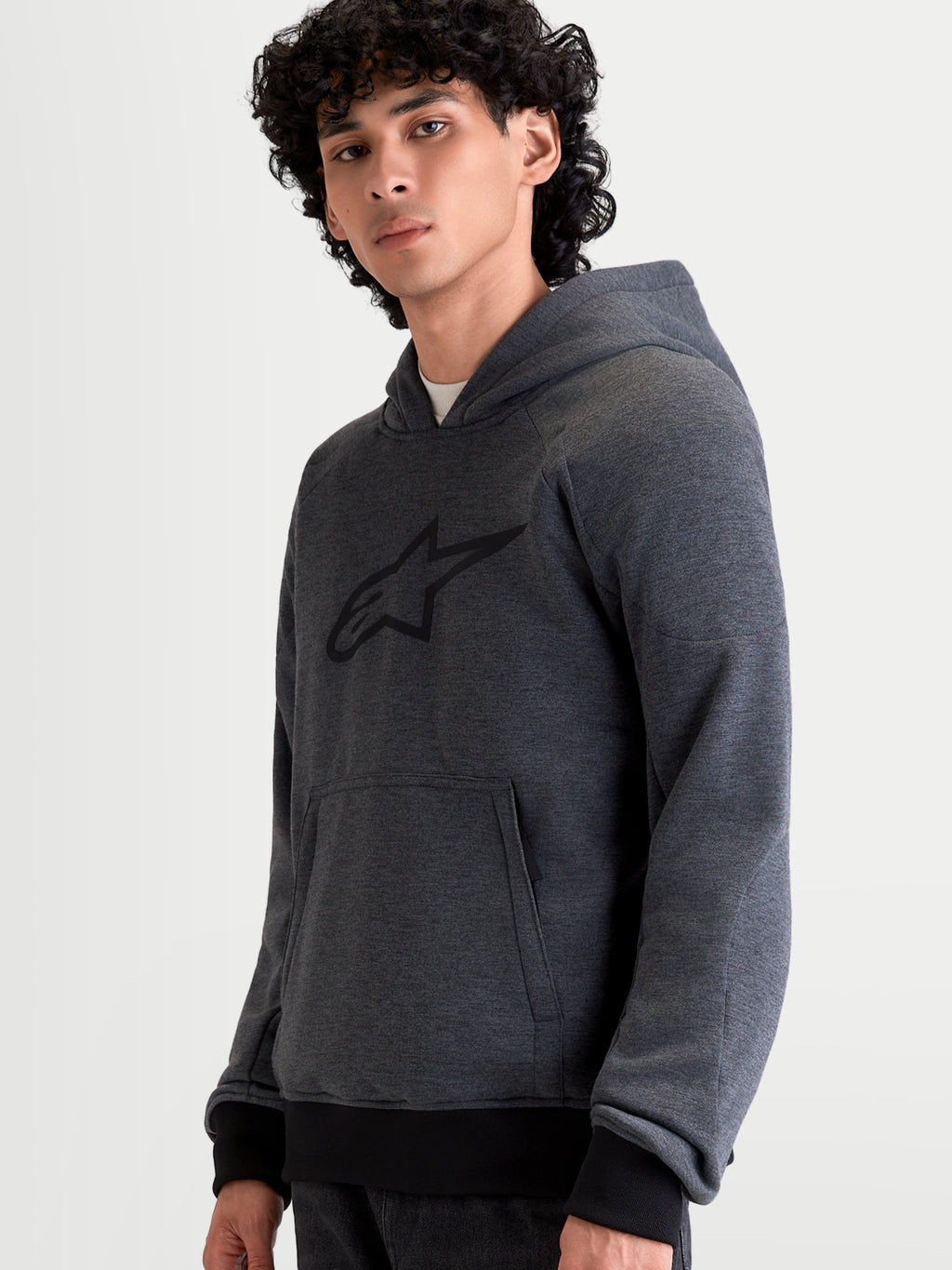 Alpinestars Ageless Hoodie, casaco de moto urbano para homem em cinzento melange de asfalto, com bolso tipo canguru e capuz fixo, num modelo