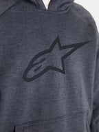 Alpinestars Ageless Hoodie, casaco com capuz de moto para homem, cinzento melange, vista em pormenor a destacar o peito com logótipo Alpinestars e bolso canguru