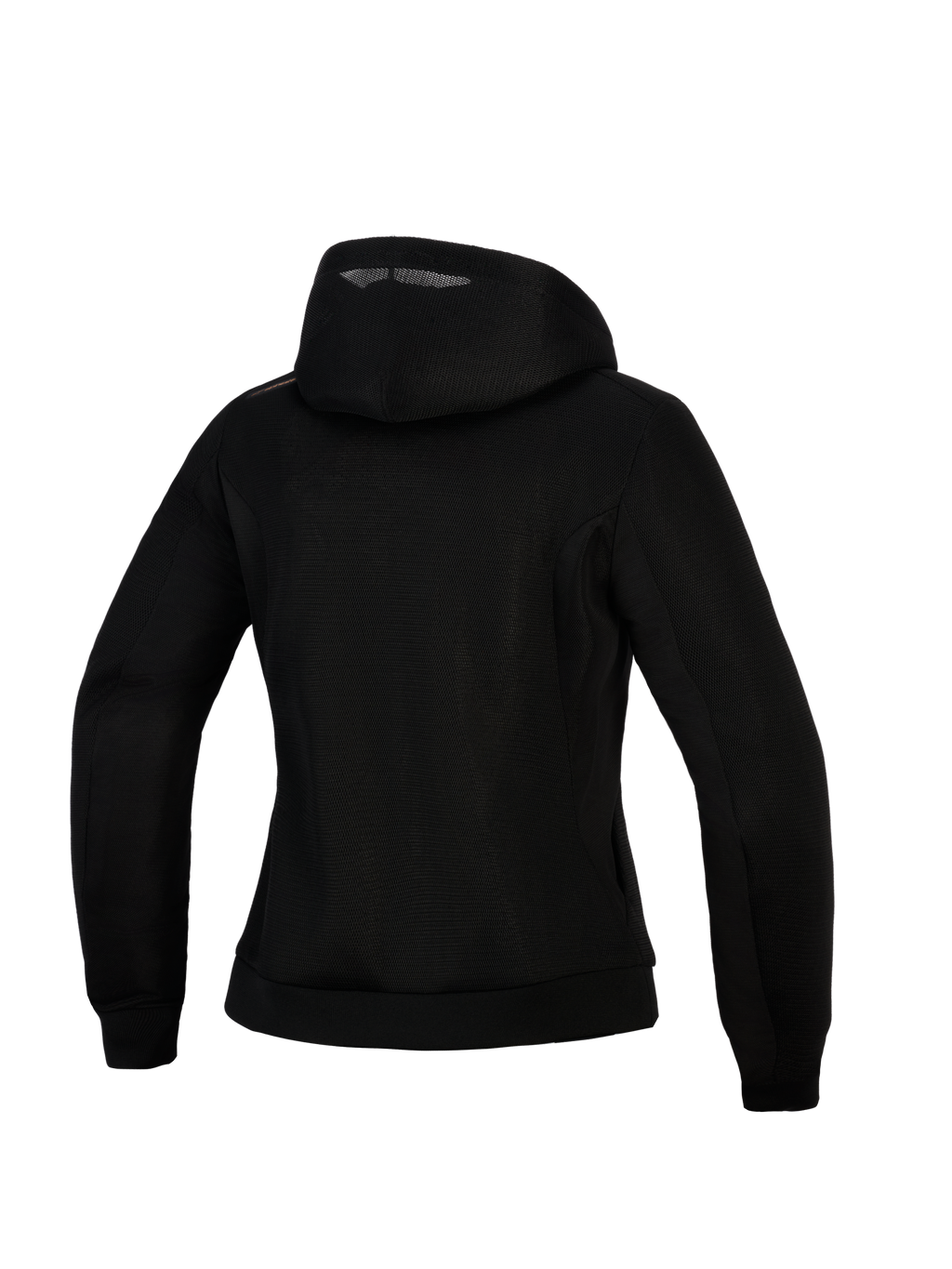Alpinestars Woman Stella Chrome Superairflow Hoodie, Women's Motorcycle Hoodie, Black, back view showing 3D mesh construction, hooded design with copper logo detail on the shoulder