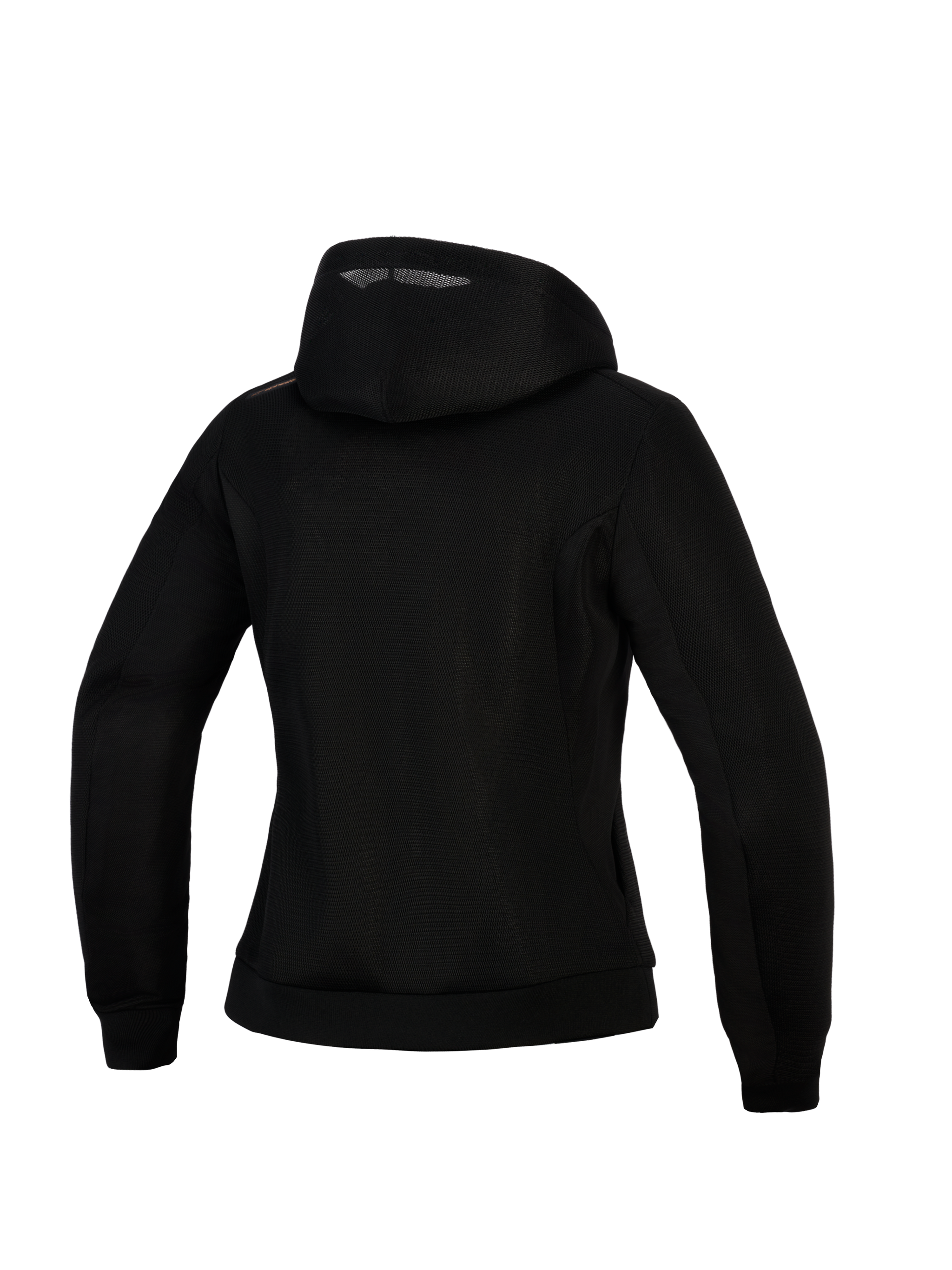 Alpinestars Woman Stella Chrome Superairflow Hoodie, Women's Motorcycle Hoodie, Black, back view showing 3D mesh construction, hooded design with copper logo detail on the shoulder