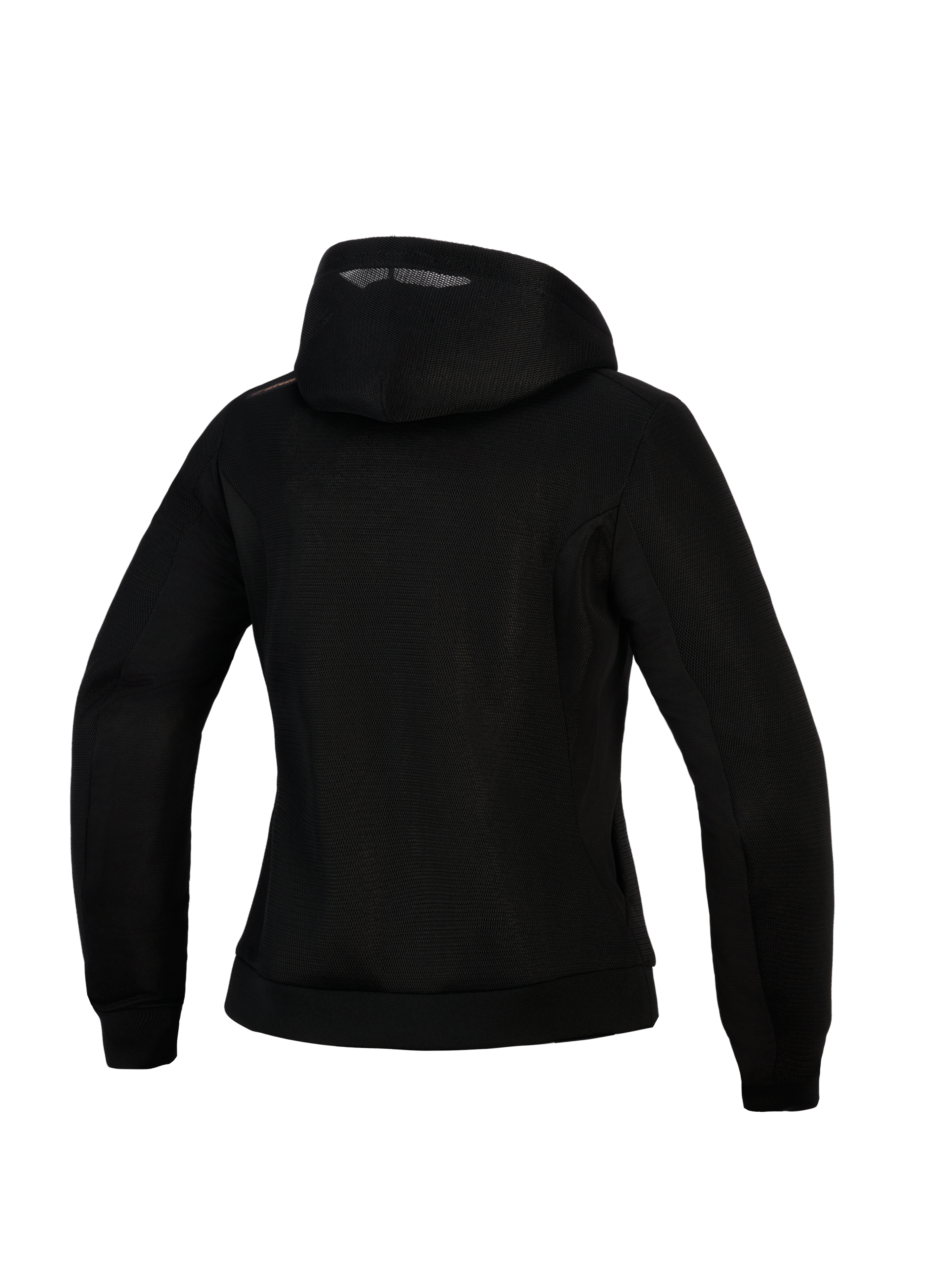 Alpinestars Woman Stella Chrome Superairflow Hoodie, Women's Motorcycle Hoodie, Black, back view showing 3D mesh construction, hooded design with copper logo detail on the shoulder