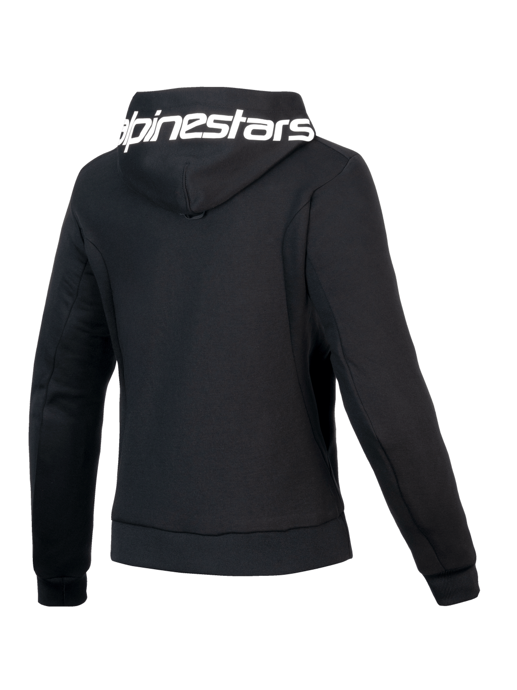 Alpinestars Hoodie Stella Chrome V2 Sport, casaco de moto para mulher, preto e branco, certificado CE Classe A, vista traseira com capuz com marca e corte atlético