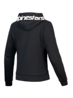 Alpinestars Hoodie Stella Chrome V2 Sport, casaco de moto para mulher, preto e branco, certificado CE Classe A, vista traseira com capuz com marca e corte atlético