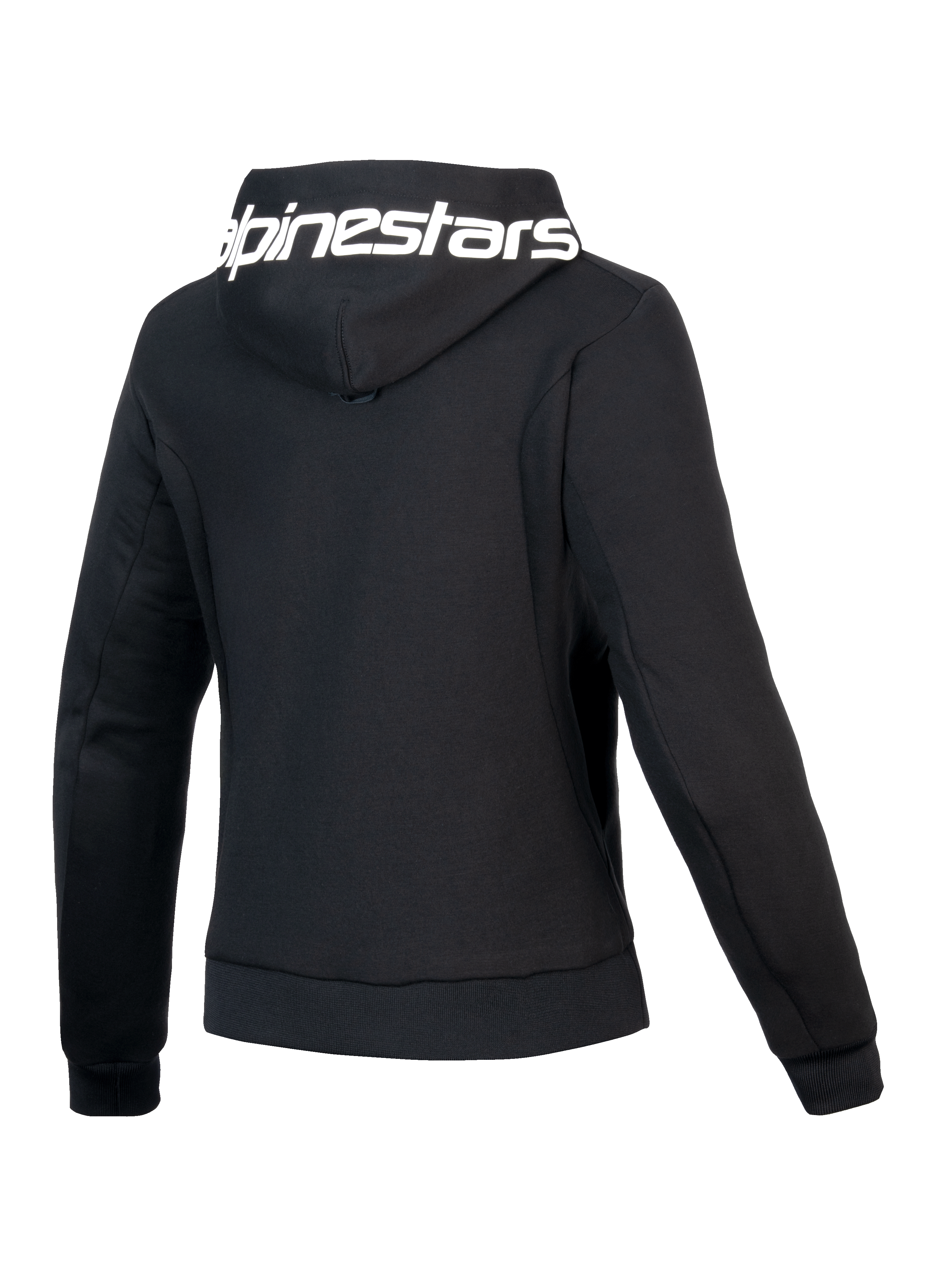 Alpinestars Hoodie Stella Chrome V2 Sport, casaco de moto para mulher, preto e branco, certificado CE Classe A, vista traseira com capuz com marca e corte atlético