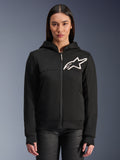 Alpinestars Stella Chrome V2 Sport Hoodie para mulher, hoodie de motociclismo preto com fecho de correr, logótipo de estrela branca no peito, construção em malha polar técnica, capuz com botão de pressão no colarinho, equipamento de performance urbano casual