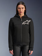Alpinestars Stella Chrome V2 Sport Hoodie para mulher, hoodie de motociclismo preto com fecho de correr, logótipo de estrela branca no peito, construção em malha polar técnica, capuz com botão de pressão no colarinho, equipamento de performance urbano casual