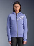 Alpinestars Stella Chrome V2 Sport Hoodie, hoodie de motociclismo para mulher, azul violeta com logótipo de estrela branco, fecho frontal integral, fecho do capuz com botões de pressão, material em fleece técnico para condução urbana, casaco de motociclismo protetor e casual