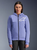 Alpinestars Stella Chrome V2 Sport Hoodie, hoodie de motociclismo para mulher, azul violeta com logótipo de estrela branco, fecho frontal integral, fecho do capuz com botões de pressão, material em fleece técnico para condução urbana, casaco de motociclismo protetor e casual