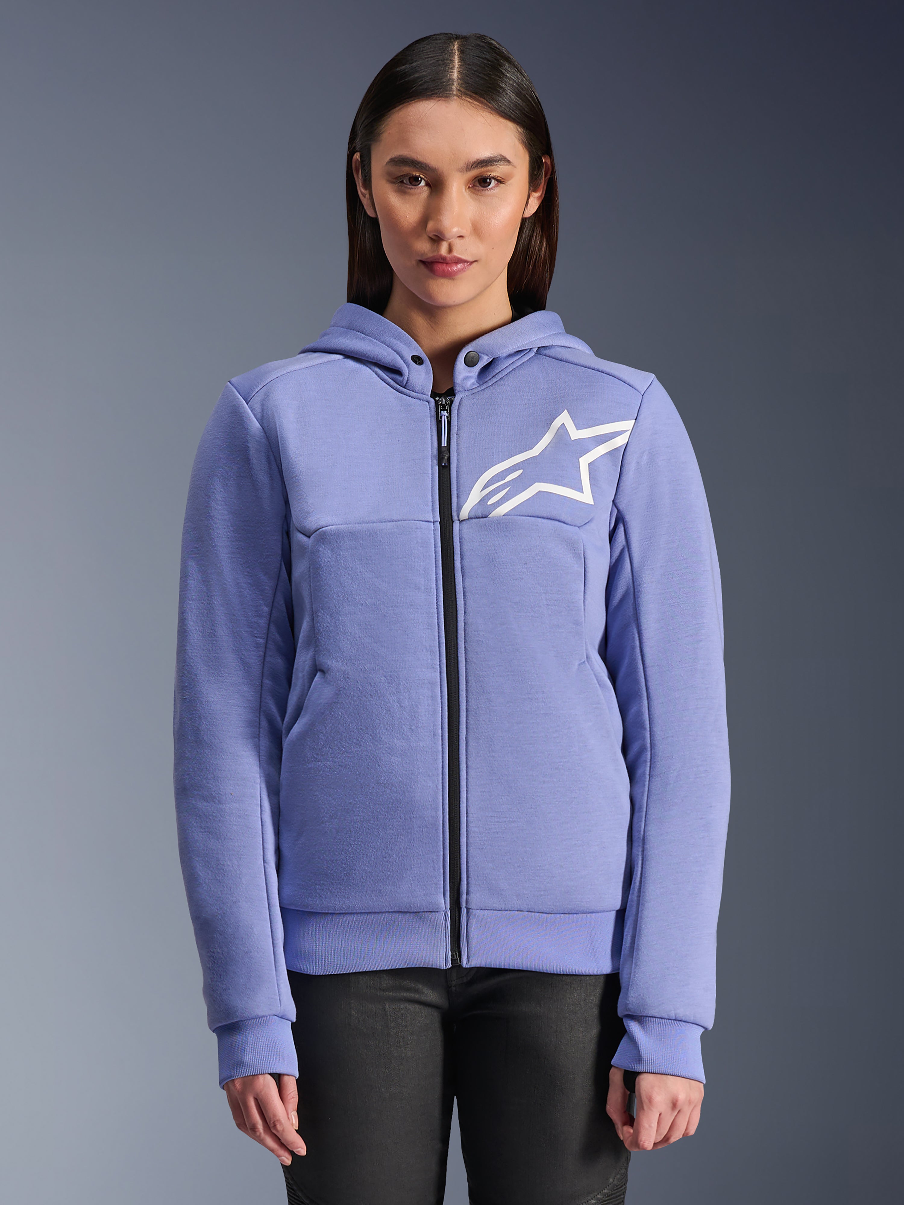 Alpinestars Stella Chrome V2 Sport Hoodie, hoodie de motociclismo para mulher, azul violeta com logótipo de estrela branco, fecho frontal integral, fecho do capuz com botões de pressão, material em fleece técnico para condução urbana, casaco de motociclismo protetor e casual