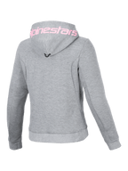 Alpinestars Stella Chrome V2 Sport Hoodie, casaco de moto para mulher cinzento e rosa, vista traseira com logótipo.