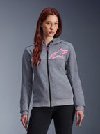 Alpinestars Stella Chrome V2 Sport Hoodie, Women's Motorcycle Hoodie, Gray Heather with Pink Fluo star logo, tech fleece fabric with ribbed cuffs and hem, black front zipper with pink pull, casual urban riding streetwear worn with black pants