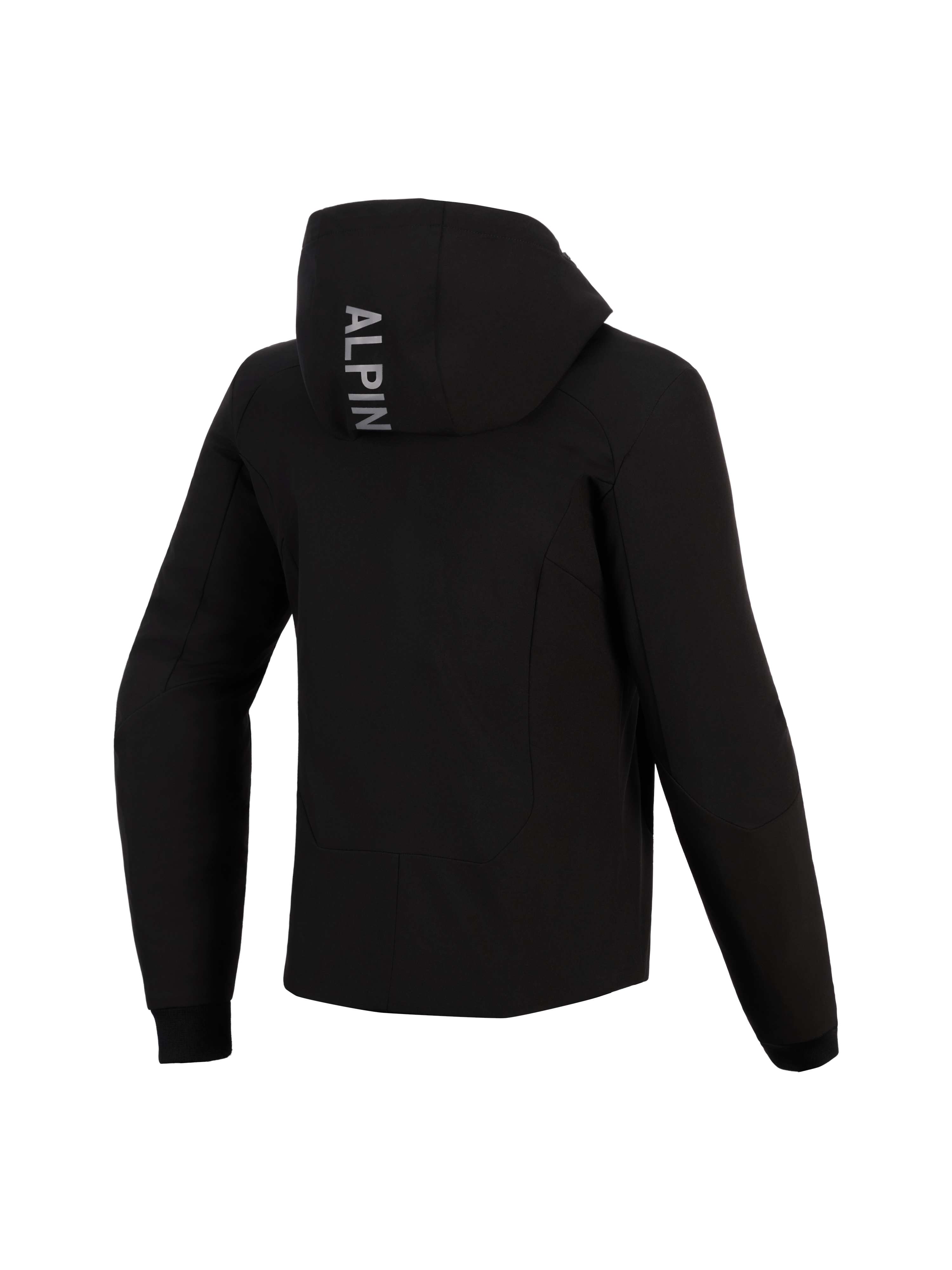 Alpinestars Woman Stella Radium Tech Hoodie, back view, black technical motorcycle hoodie, features vertical 'ALPIN' text on the hood, ribbed stretch cuffs, protective urban riding gear for women