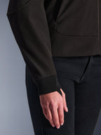 Alpinestars Stella Radium Tech Hoodie, Black, detail shot of the ribbed stretch cuff and thumb loop, 3-layer windproof textile shell, urban motorcycle riding apparel for women