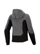 Alpinestars Woman Stella Radium Tech Hoodie, Rear View, Deep Gray and Black, urban motorcycle riding hoodie featuring a windproof shell, color-blocked design, Alpinestars branding on the hood, and ribbed cuffs.