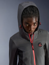 Alpinestars Stella Radium Tech Hoodie, Deep Gray and Black with red accents, technical windproof motorcycle hoodie for women, features hood management system and Alpinestars chest logo, urban riding gear