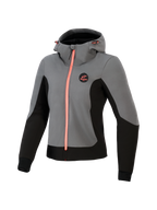 Alpinestars Woman Stella Radium Tech Hoodie, technical motorcycle hoodie, Deep Gray and Black with bright coral accents, 3-layer windproof shell, urban riding design, adjustable hood and athletic fit