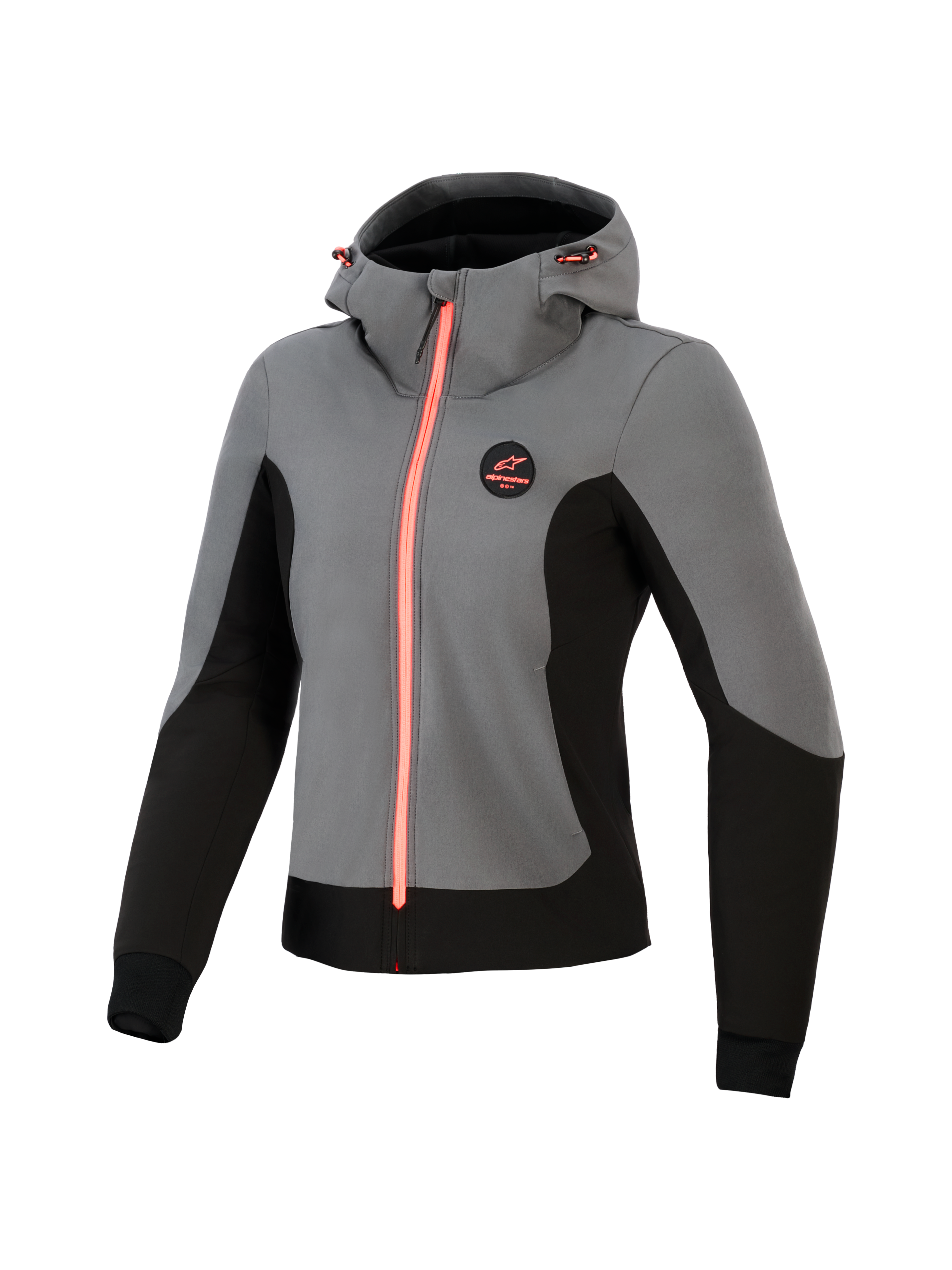 Alpinestars Woman Stella Radium Tech Hoodie, technical motorcycle hoodie, Deep Gray and Black with bright coral accents, 3-layer windproof shell, urban riding design, adjustable hood and athletic fit