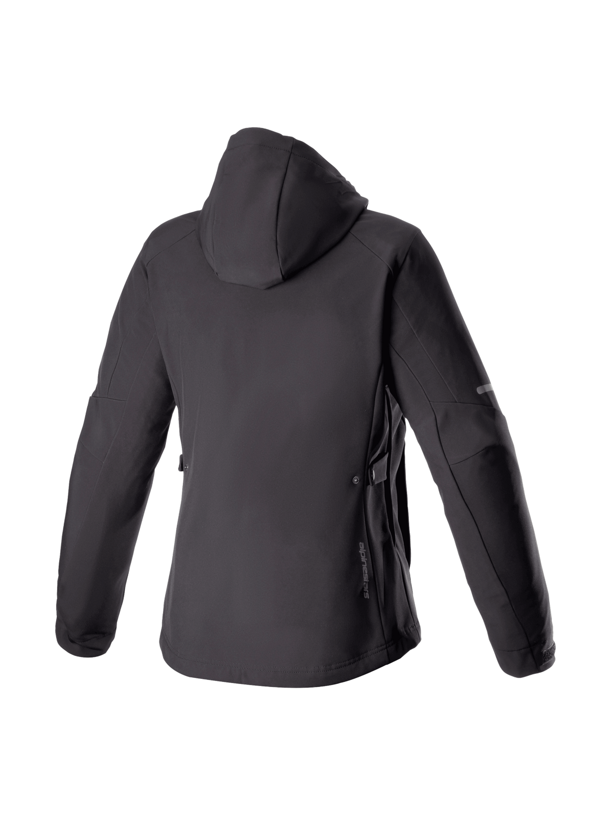 Alpinestars Stella Neo Waterproof Hoodie, casaco de moto impermeável para mulher, preto, em softshell, vista traseira.