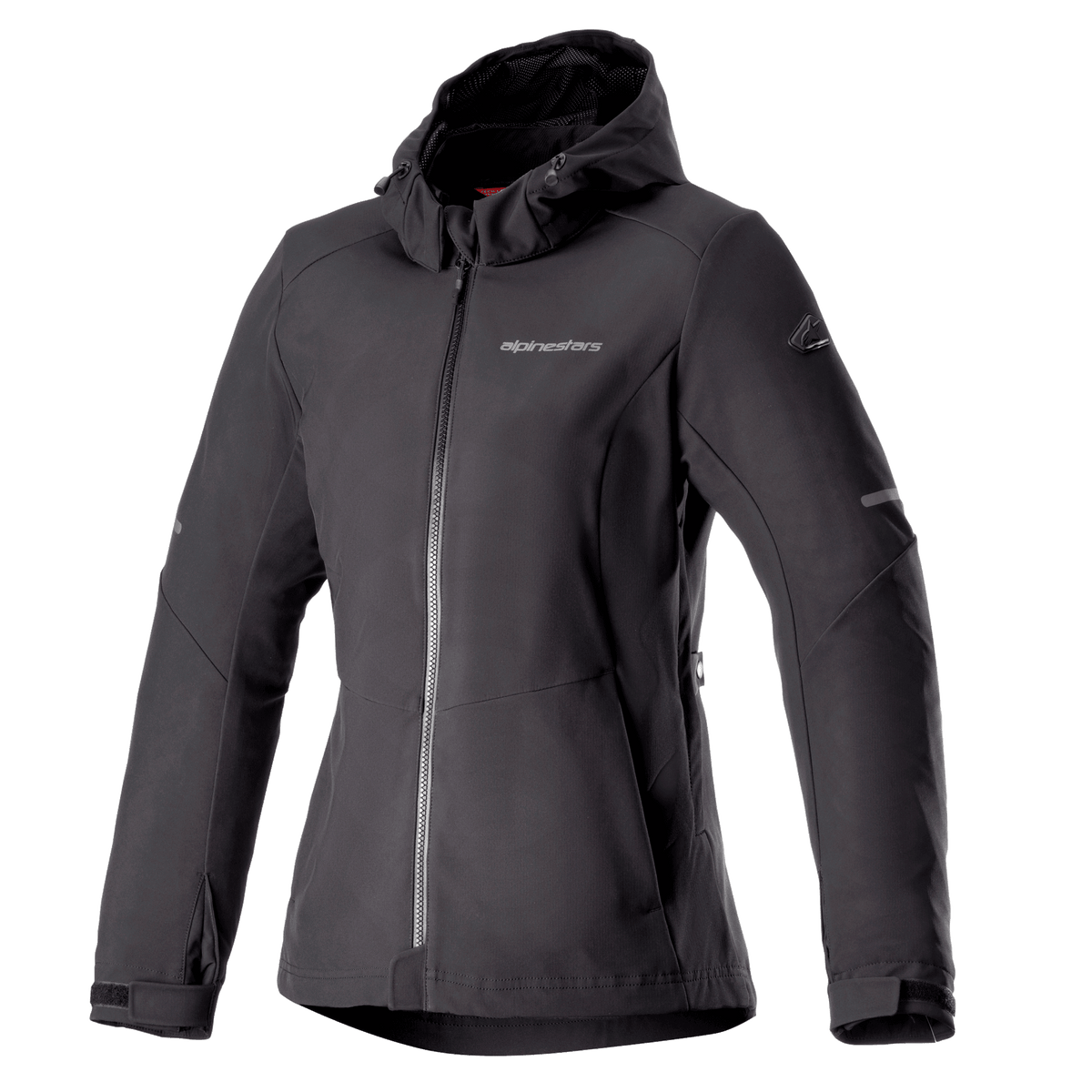 Alpinestars Stella Neo Waterproof Hoodie, casaco de motociclismo para mulher, preto, design com capuz e fecho frontal central, punhos ajustáveis, tecido softshell técnico, corte feminino ajustado com logótipo no peito