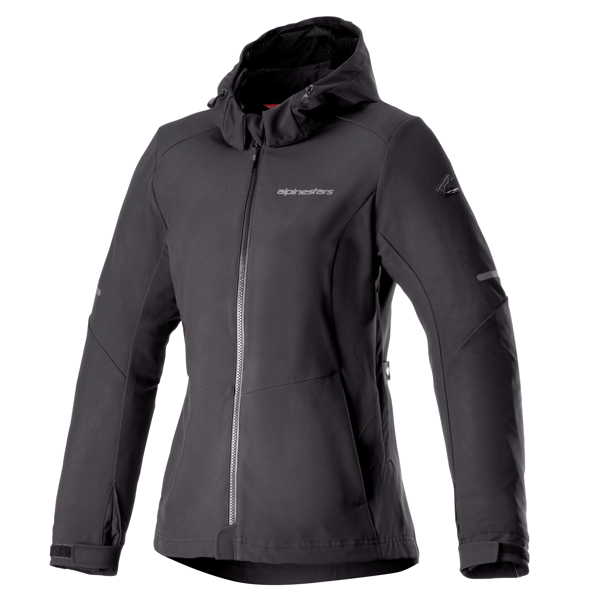 Alpinestars Stella Neo Waterproof Hoodie, Women's Motorcycle Jacket, Black, hooded design with central front zipper, adjustable cuffs, technical softshell fabric, tailored women's fit with chest branding