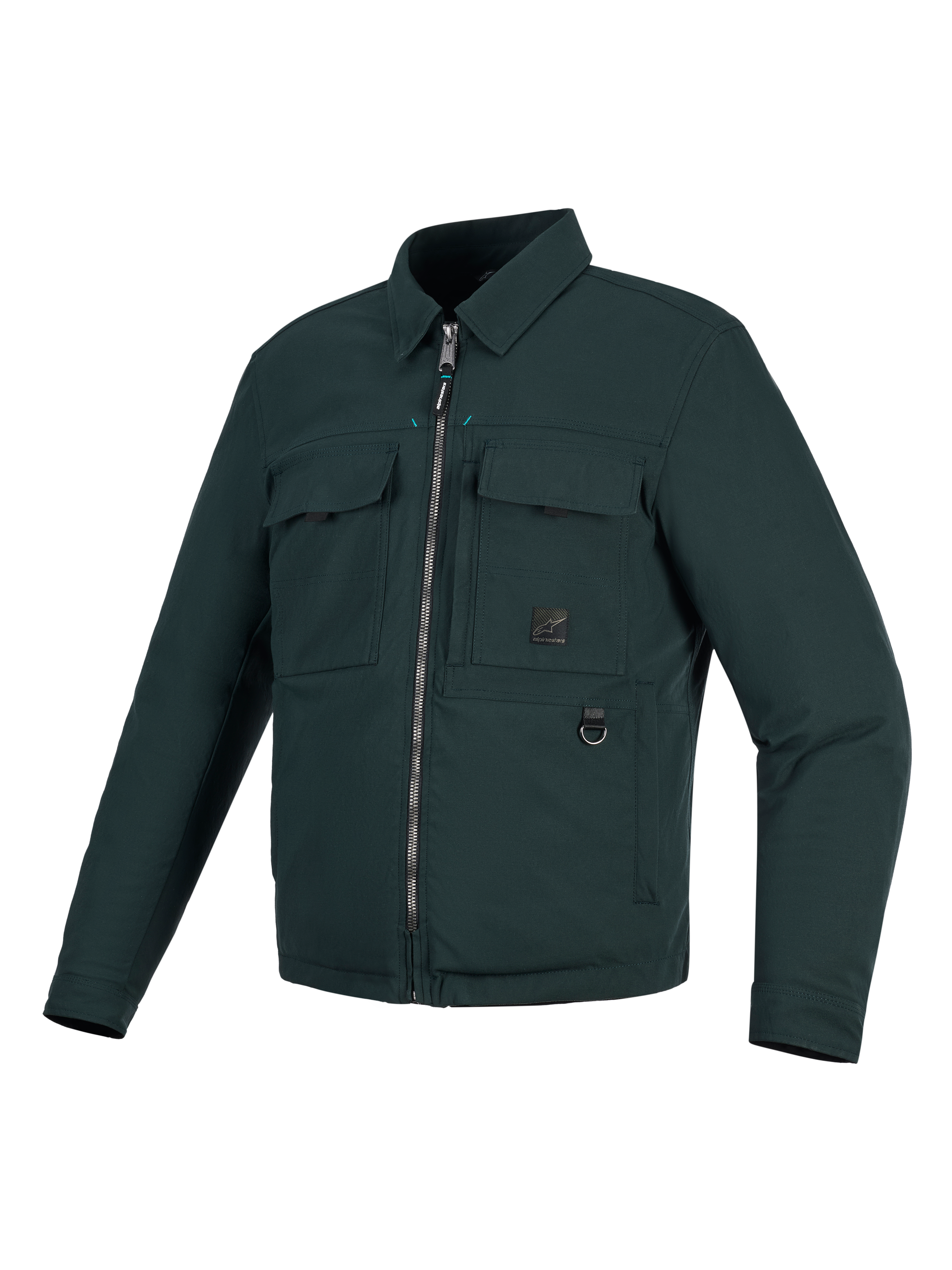 Alpinestars Bryon Water Resistant Overshirt, Motorcycle Jacket, Dark Emerald green, workwear-inspired design with waxed canvas, two chest cargo pockets, metal D-ring, and full-length front zipper.