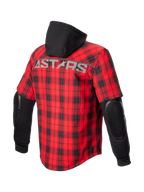 Alpinestars MO.ST.EQ Tartan Shirt, urban motorcycle jacket for men, Red and Black, with exposed elbow armor and a fixed hoodie.
