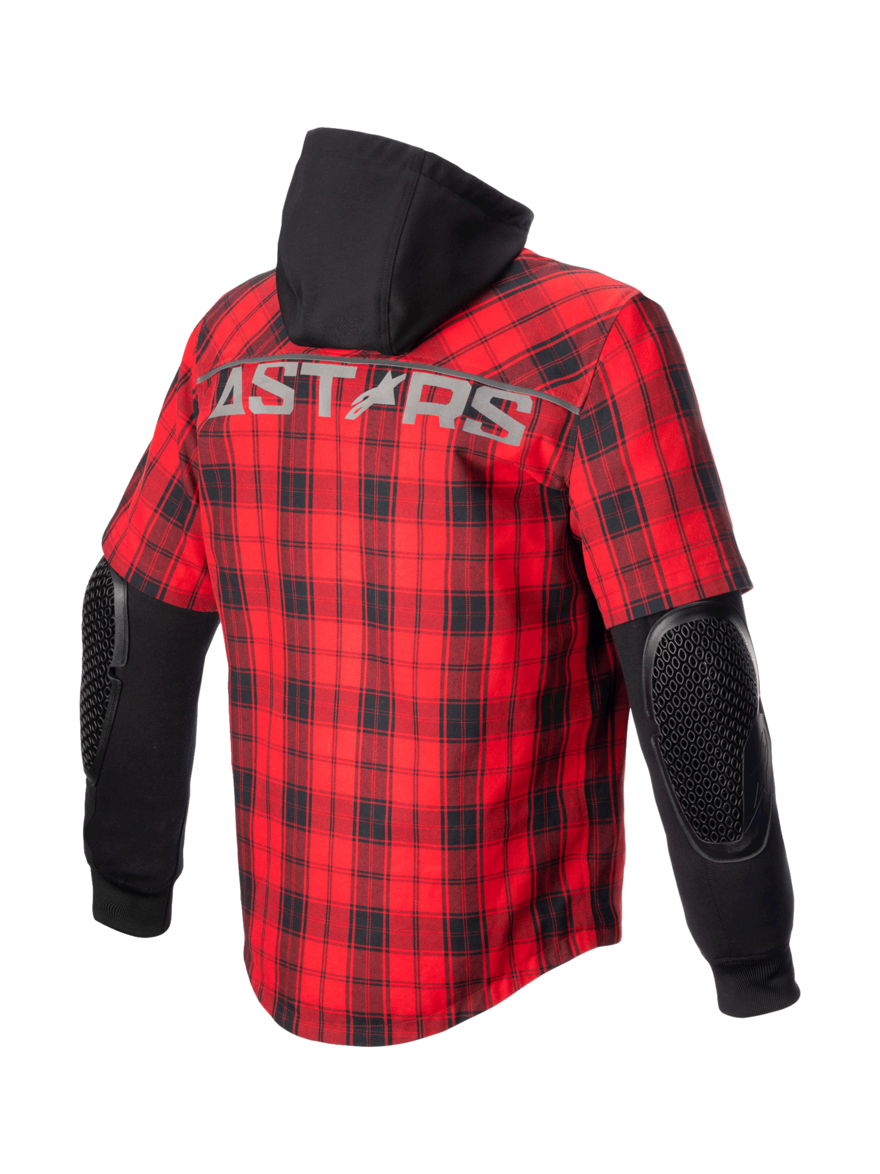 Alpinestars MO.ST.EQ Tartan Shirt, urban motorcycle jacket for men, Red and Black, with exposed elbow armor and a fixed hoodie.