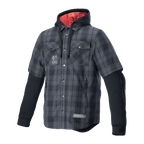 Alpinestars MO.ST.EQ Tartan Shirt, protective motorcycle shirt-jacket, Tar Gray Black checkered pattern, short-sleeved plaid outer with integrated black long-sleeved hoodie, red hood lining, chest and hand pockets, casual urban riding apparel