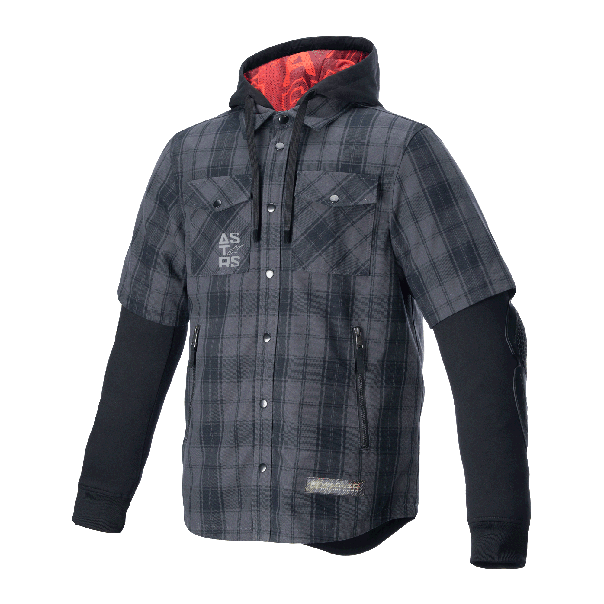 Alpinestars MO.ST.EQ Tartan Shirt, protective motorcycle shirt-jacket, Tar Gray Black checkered pattern, short-sleeved plaid outer with integrated black long-sleeved hoodie, red hood lining, chest and hand pockets, casual urban riding apparel