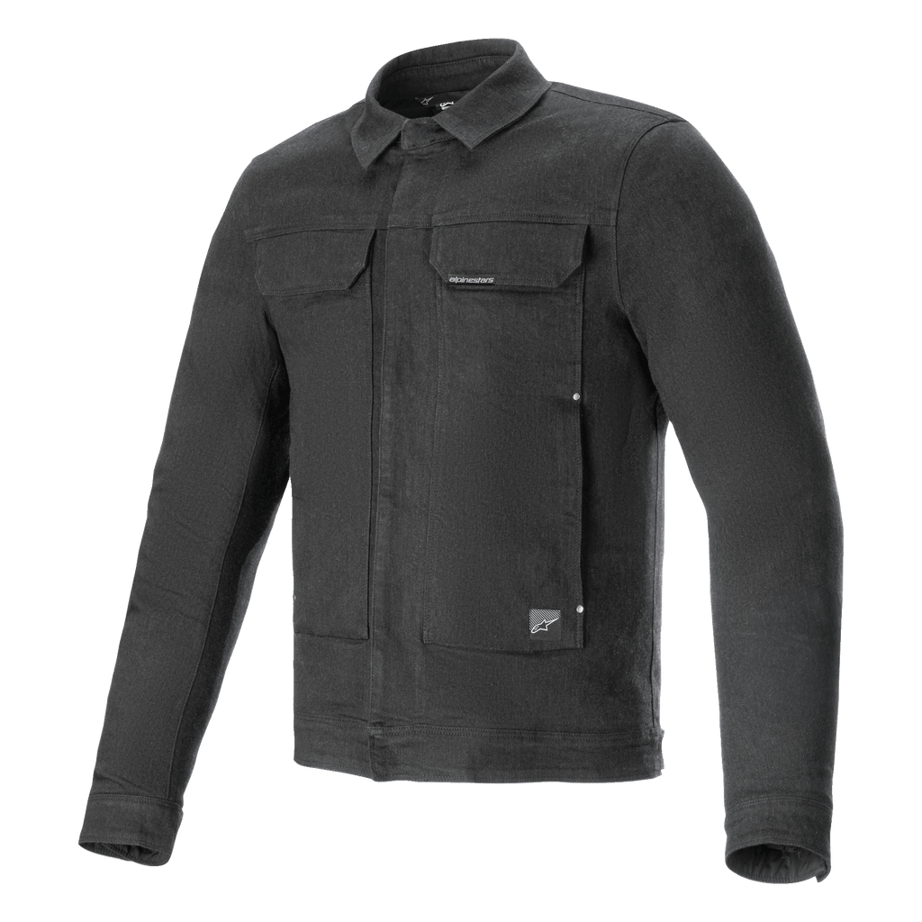 Alpinestars Garage Jacket, Motorcycle Jacket, Smoke Gray, long-sleeve stretch cotton denim with a workwear-inspired silhouette, featuring chest pockets and subtle logo patches, urban casual protective gear