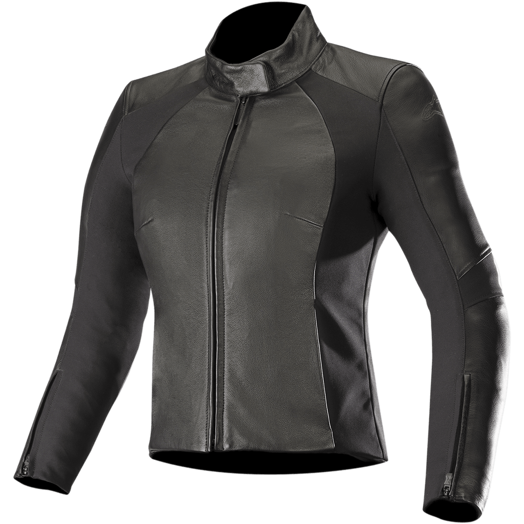 Casaco de pele Alpinestars Stella Vika V2, casaco de motociclismo para mulher, preto, corte elegante e ajustado, gola alta e fecho de correr frontal, combinação de pele macia e painéis laterais elásticos em aramida mate, punhos com fecho e design minimalista para condução em estrada