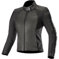 Casaco de pele Alpinestars Stella Vika V2, casaco de motociclismo para mulher, preto, corte elegante e ajustado, gola alta e fecho de correr frontal, combinação de pele macia e painéis laterais elásticos em aramida mate, punhos com fecho e design minimalista para condução em estrada