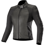 Casaco de pele Alpinestars Stella Vika V2, casaco de motociclismo para mulher, preto, corte elegante e ajustado, gola alta e fecho de correr frontal, combinação de pele macia e painéis laterais elásticos em aramida mate, punhos com fecho e design minimalista para condução em estrada