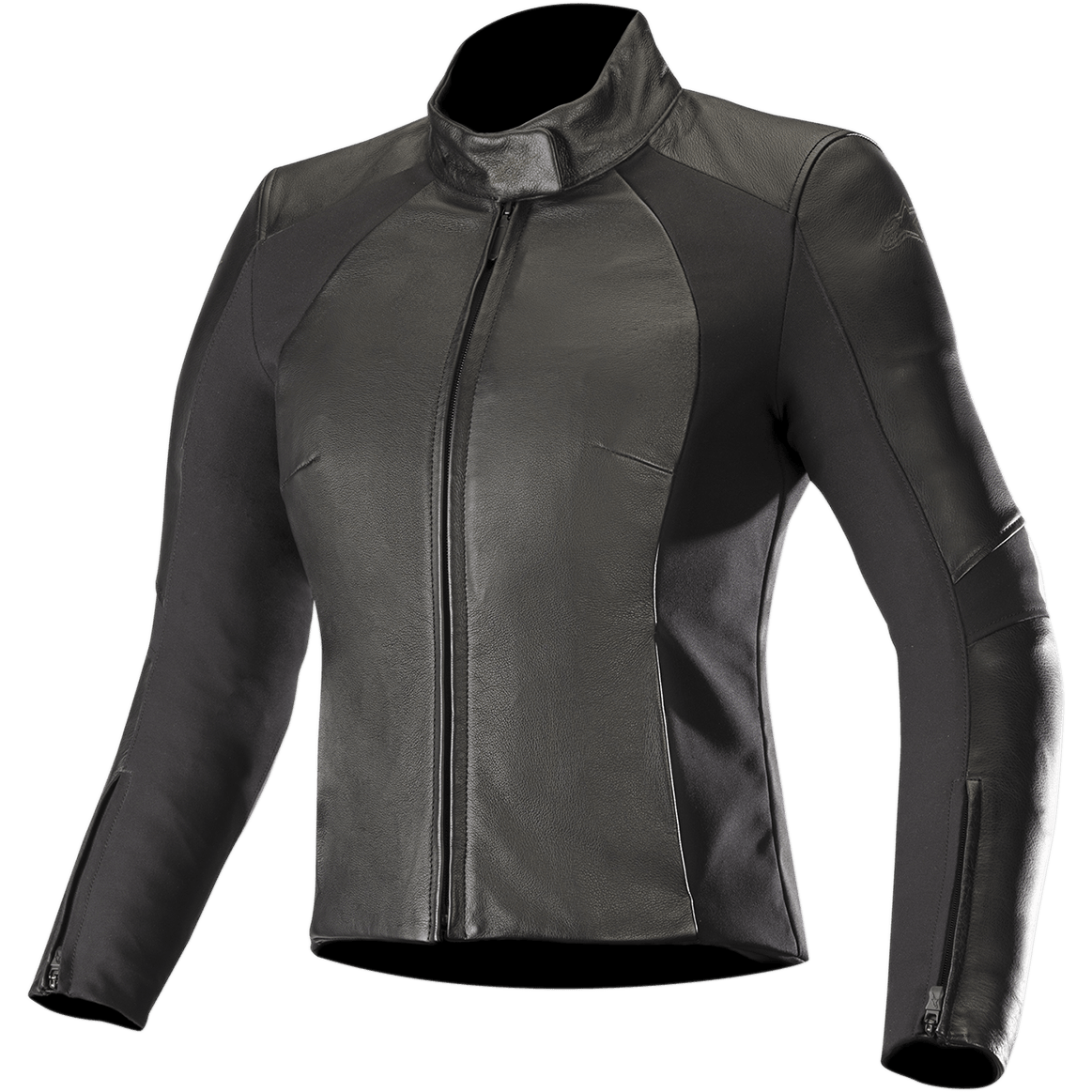 Casaco de pele Alpinestars Stella Vika V2, casaco de motociclismo para mulher, preto, corte elegante e ajustado, gola alta e fecho de correr frontal, combinação de pele macia e painéis laterais elásticos em aramida mate, punhos com fecho e design minimalista para condução em estrada