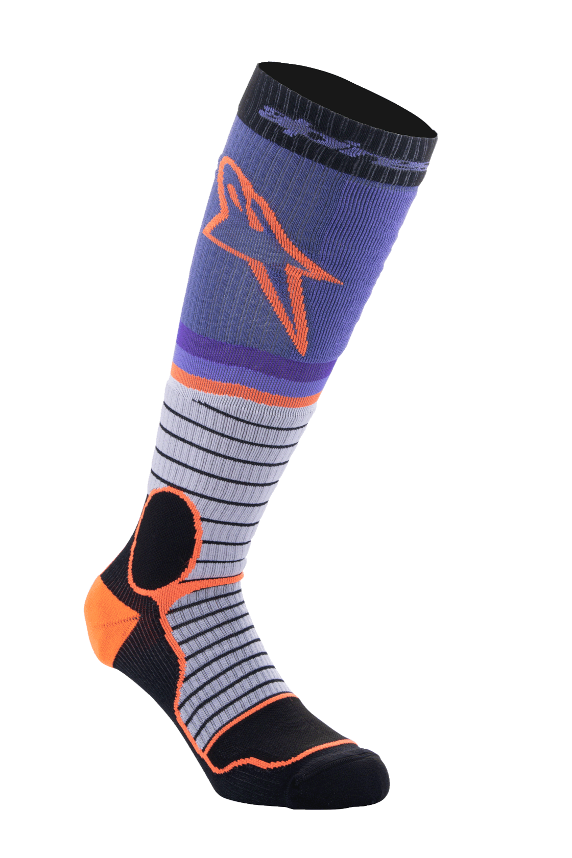 Alpinestars MX Pro Socks V2, meias altas de motocross, preto, cinzento, roxo e laranja, construção nervurada, design com riscas horizontais, equipamento de condução de performance