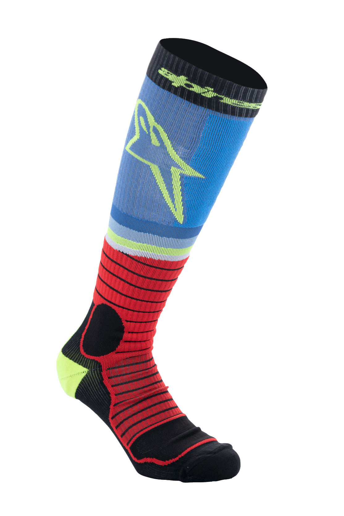Alpinestars MX Pro Socks V2, Motocross Knee-High Socks, Black Red and Light Blue, ribbed athletic design with yellow star logo, moisture-wicking performance fabric for off-road racing