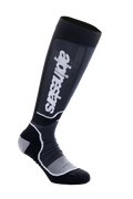 Alpinestars MX Plus Socks, Motocross Knee-High Socks, Black and Gray, White Logo, featuring ribbed calf support, reinforced heel and toe, and breathable mesh foot area, technical performance design for off-road boots