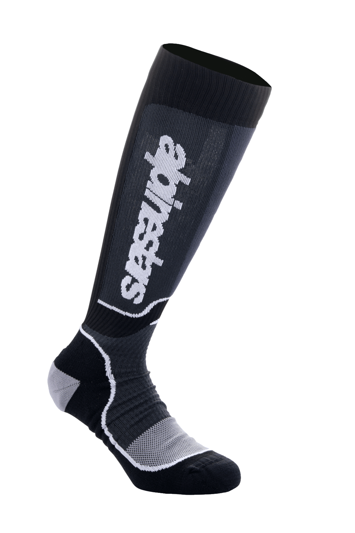 Meias Alpinestars MX Plus, meias altas de motocross, pretas e cinzentas, logótipo branco, com suporte canelado na perna, calcanhar e biqueira reforçados e zona do pé em malha respirável, design de performance técnica para botas off-road